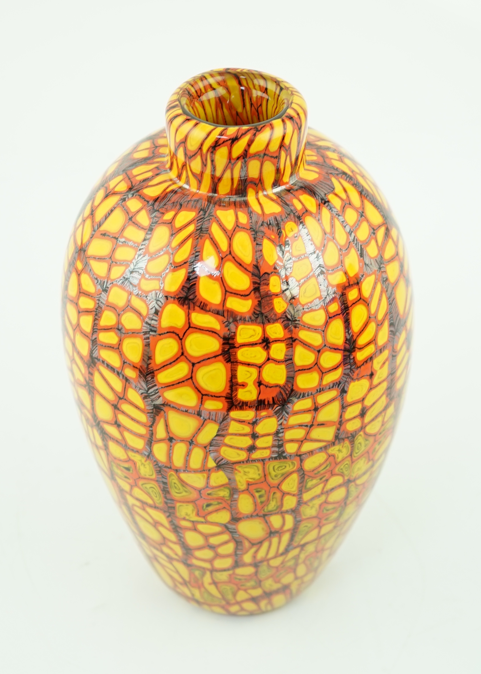 Vittorio Ferro (1932-2012) A Murano glass Murrine vase, in orange, red and black, signed, 26cm, Please note this lot attracts an additional import tax of 20% on the hammer price